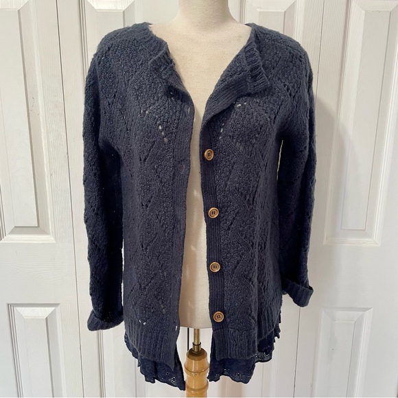 Lili Rose Navy Blue Knit Sweater Cardigan with Lace Peplum - Picture 7 of 11